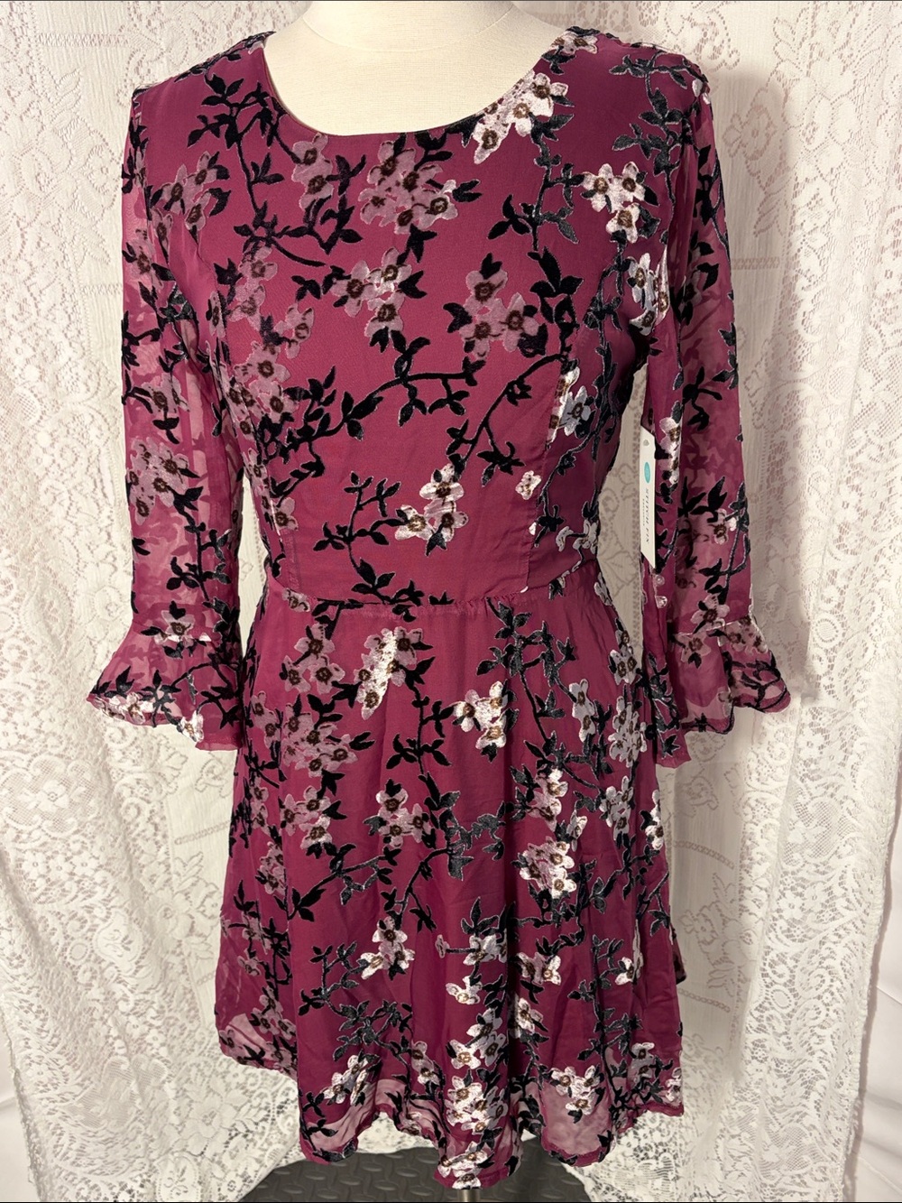 Collective Concepts Wine Floral Long-Sleeve Fit & Flare Dress